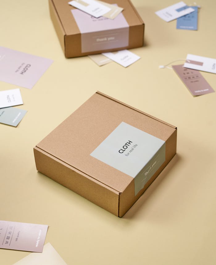 pexels-photo-9594434 A close-up of cardboard boxes and tags on a yellow background, showcasing minimalist design.